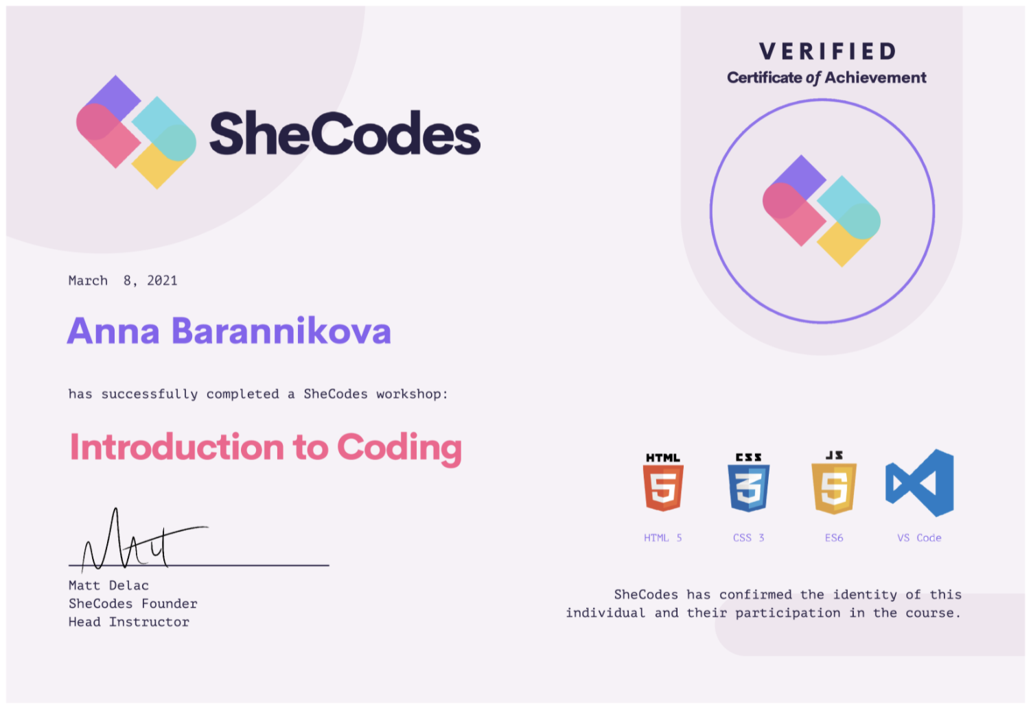 SheCodes Basics Certificate'