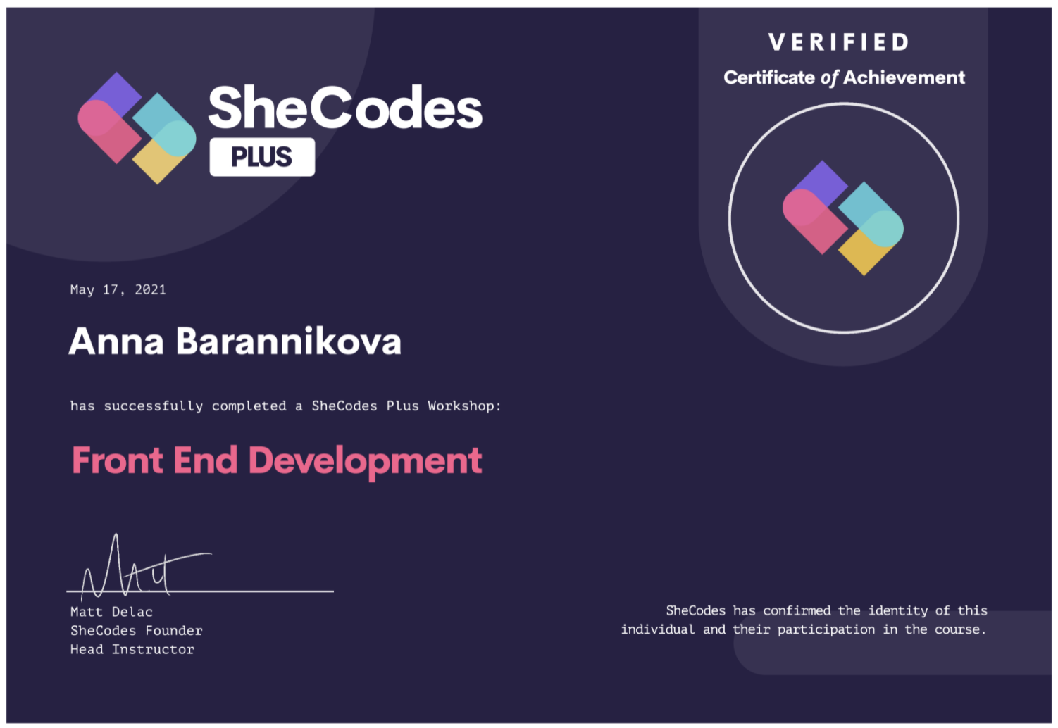 SheCodes Plus Certificate