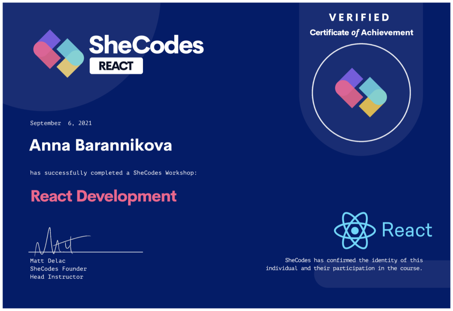 SheCodes React Certificate